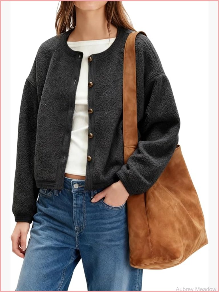 Cropped Sherpa Cardigan Fuzzy Fleece Jacket Warm Winter Outwear Pockets